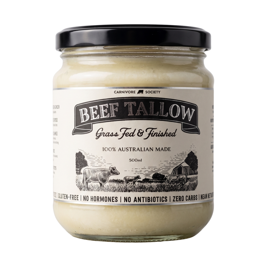 Carnivore Society Beef Tallow 500ml cooking fat — grass-fed jar, front label