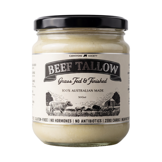 Carnivore Society Beef Tallow 500ml cooking fat — grass-fed jar, front label