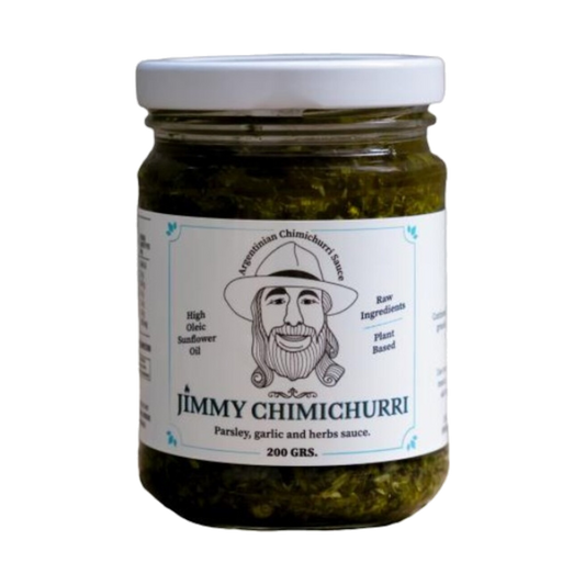 Jimmy Chimichurri Classic 200g jar, used to finish griddle-fried noodles