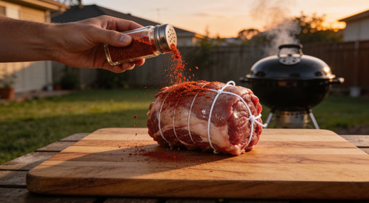 A hand shaking red paprika lamb rub onto a tied boneless lamb shoulder, kettle BBQ behind at dusk