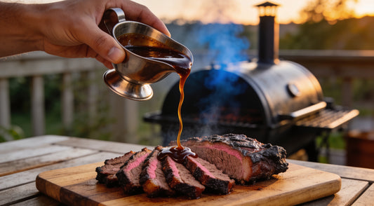 Coffee and molasses BBQ sauce being poured over sliced smoked brisket, offset smoker behind