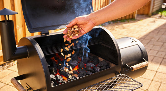 A hand dropping dry hickory wood chips onto glowing charcoal in a smoker
