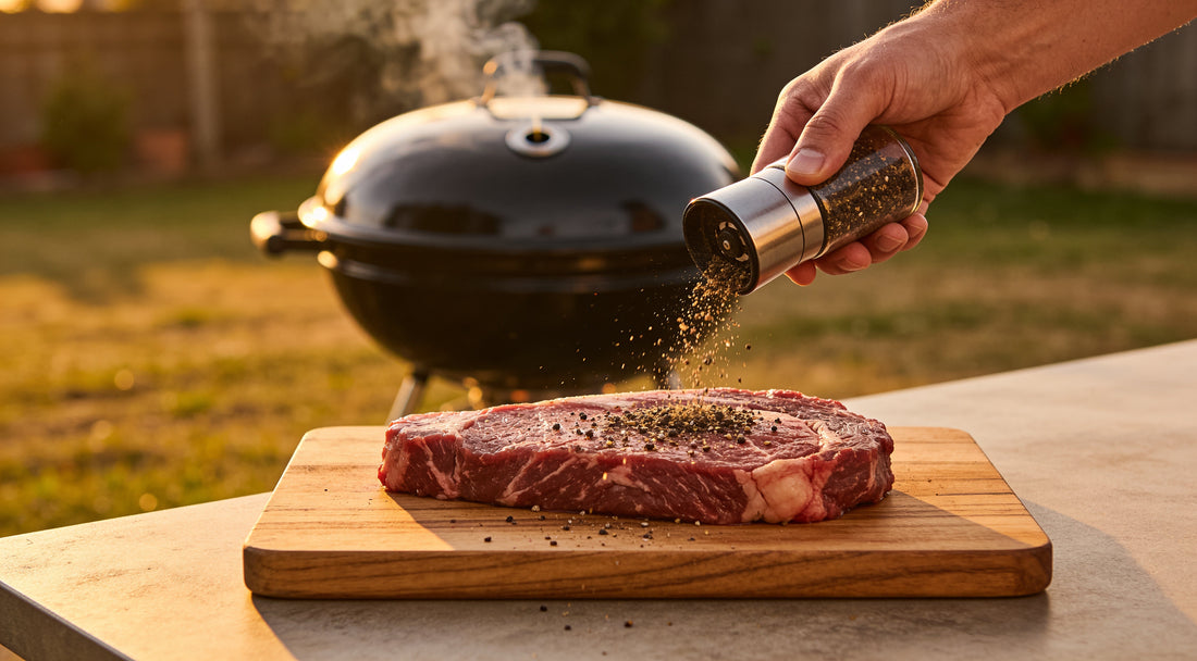 Dark savoury steak rub shaken onto a raw scotch fillet, closed kettle BBQ behind