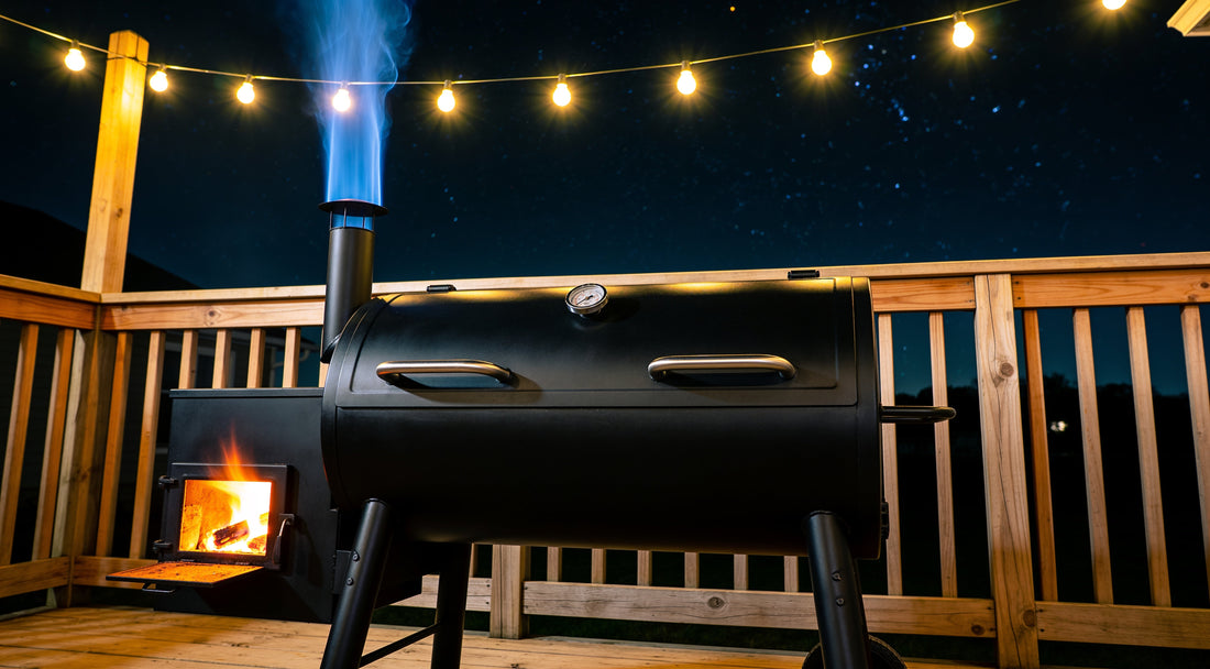 An offset smoker on a back deck at night with thin blue smoke and festoon lights