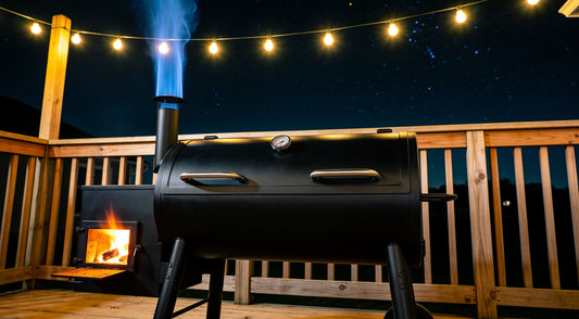 An offset smoker on a back deck at night with thin blue smoke and festoon lights