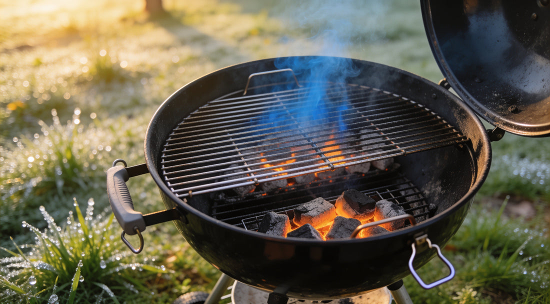 Lit charcoal glowing in the bottom of a kettle BBQ below a clean cooking grate, dewy spring morning