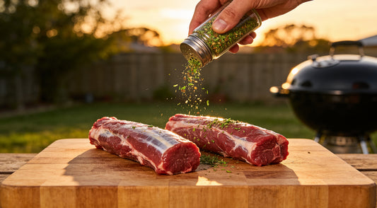 Green-brown horopito rub sprinkled onto two raw lamb backstraps on a board