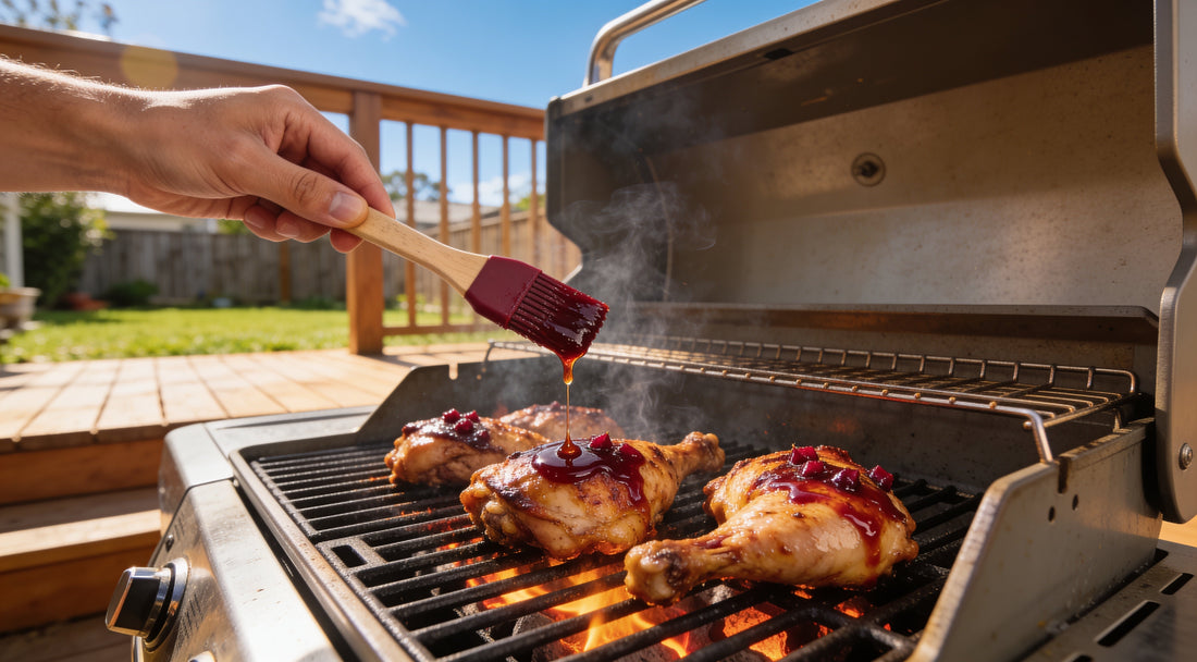 Brushing deep red rosella glaze onto chicken on a gas BBQ