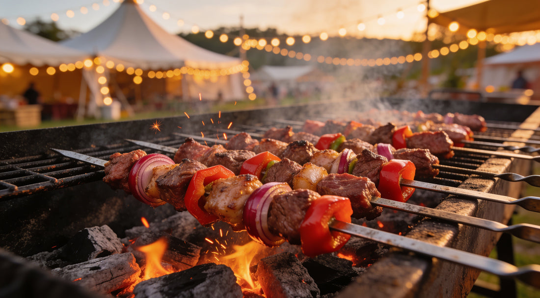 Beef and lamb skewers with capsicum and onion on a charcoal grill at an outdoor festival