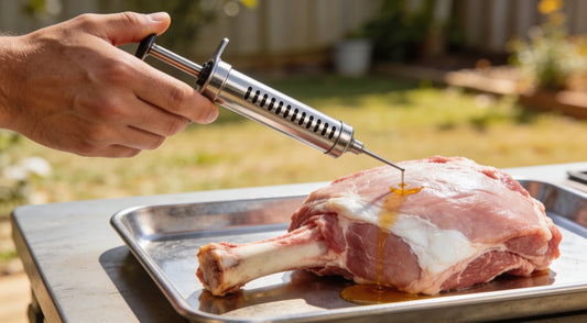 A meat injector needle in a raw bone-in pork shoulder with marinade seeping out