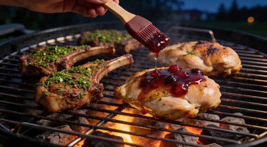 Herb-crusted lamb cutlets and chicken being glazed on a charcoal grill