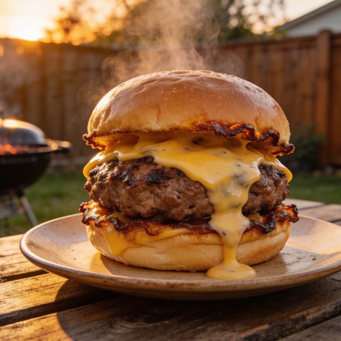 A finished Republic Smash Sauce burger, cheese melted and dripping, backyard BBQ at sunset