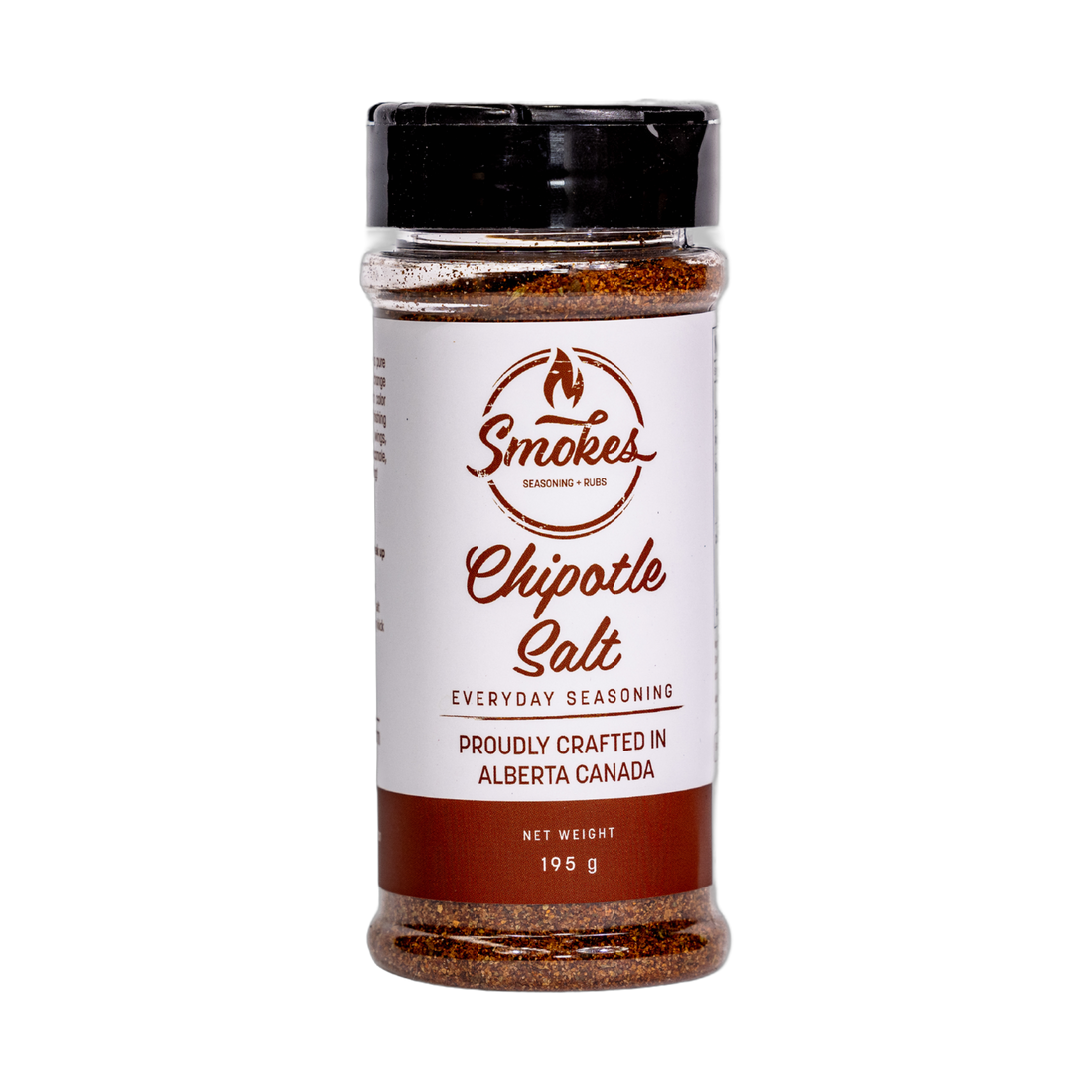 Smokes Chipotle Salt 195g finishing salt, front of shaker on transparent background