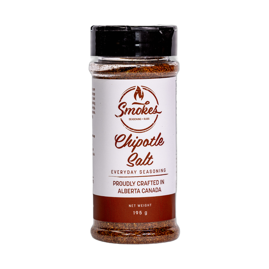 Smokes Chipotle Salt 195g finishing salt, front of shaker on transparent background