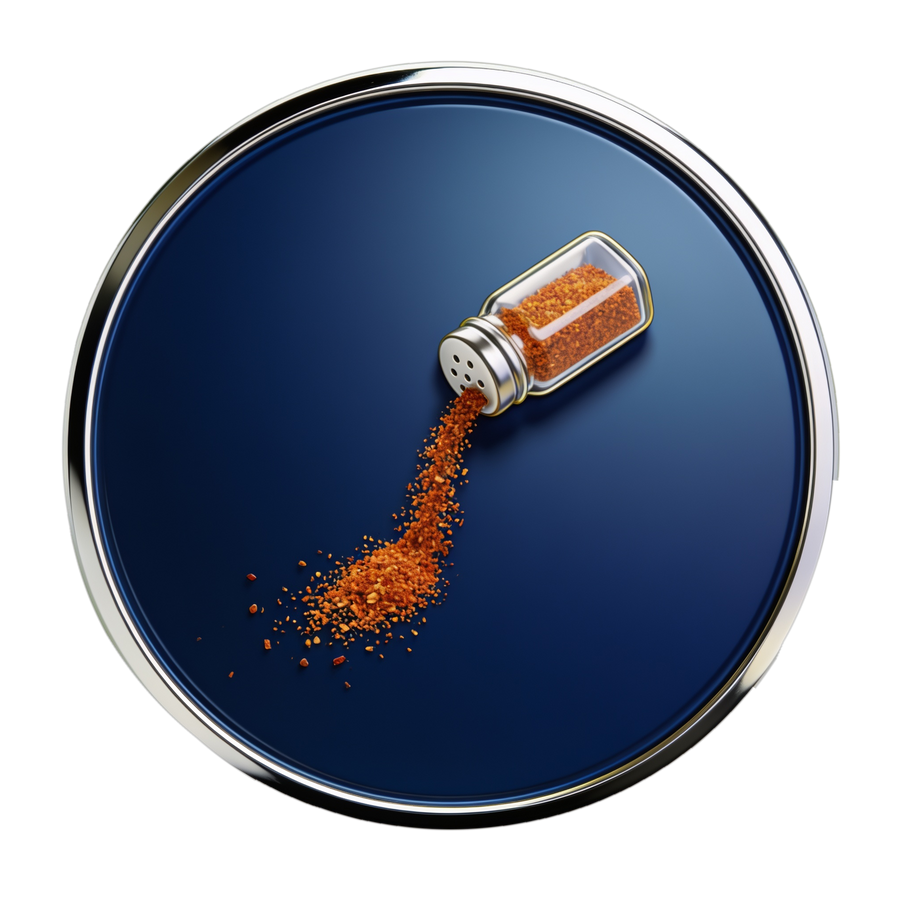 All Purpose seasoning medallion - chrome and navy badge with a shaker pouring coarse rub blend