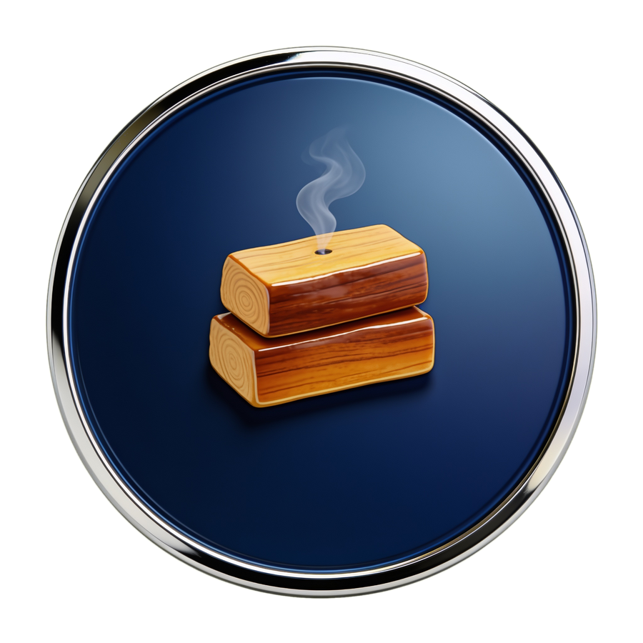 RubHub BBQ Woods category medallion — navy and chrome enamel badge with a stacked pair of smoking wood chunks icon