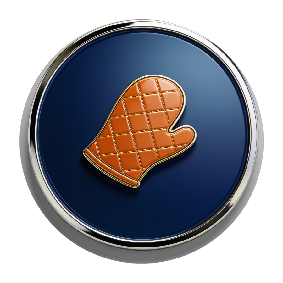 RubHub BBQ Accessories category medallion — navy and chrome enamel badge with a stitched leather barbecue mitt icon