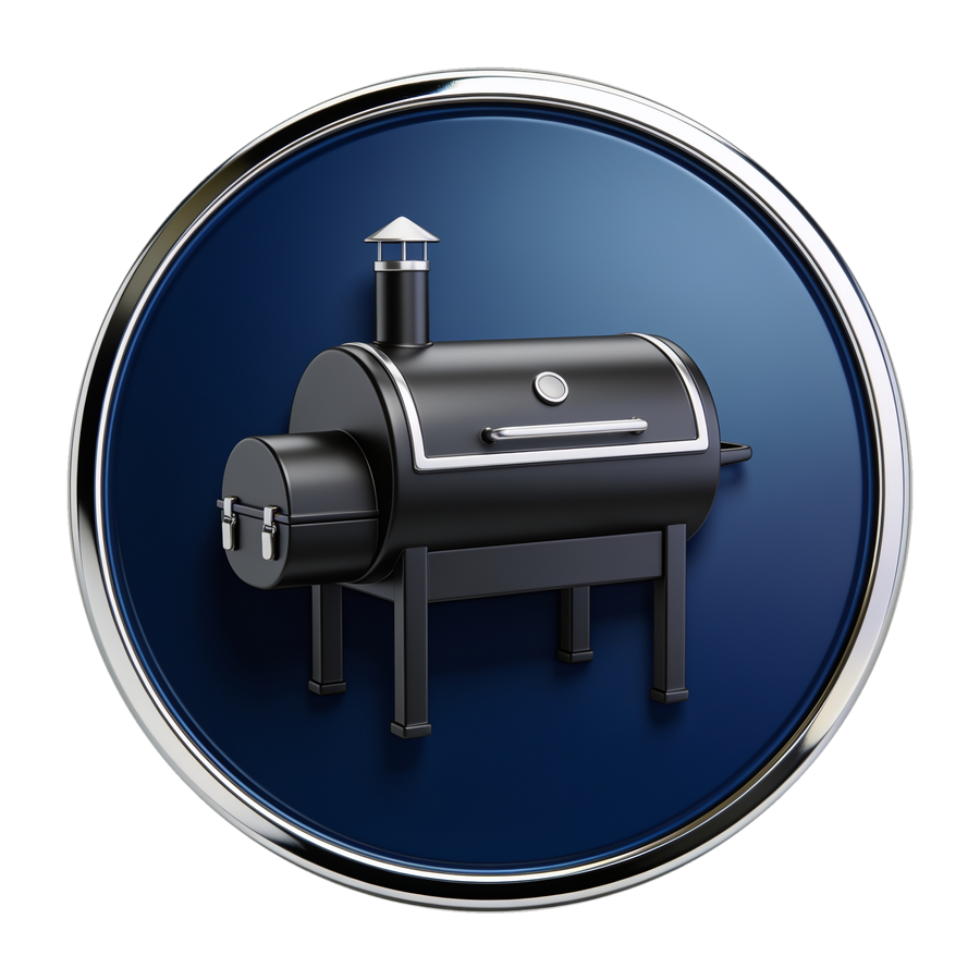 RubHub BBQ Hardware category medallion — navy and chrome enamel badge with a matte black offset barbecue smoker icon