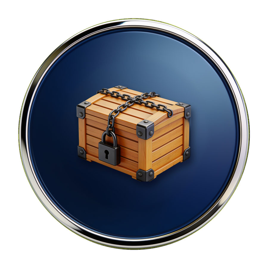 The Contraband Club medallion — padlocked wooden crate on a navy and chrome badge