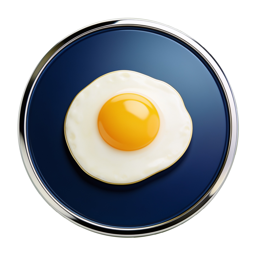 Eggs — chrome and navy attribute medallion with a glossy fried egg icon