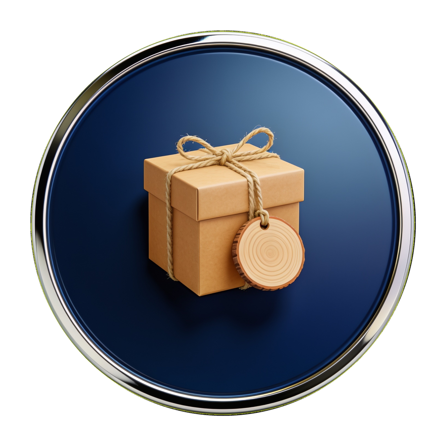 Gift Boxes medallion — kraft gift box tied with jute twine and a wood-slice tag