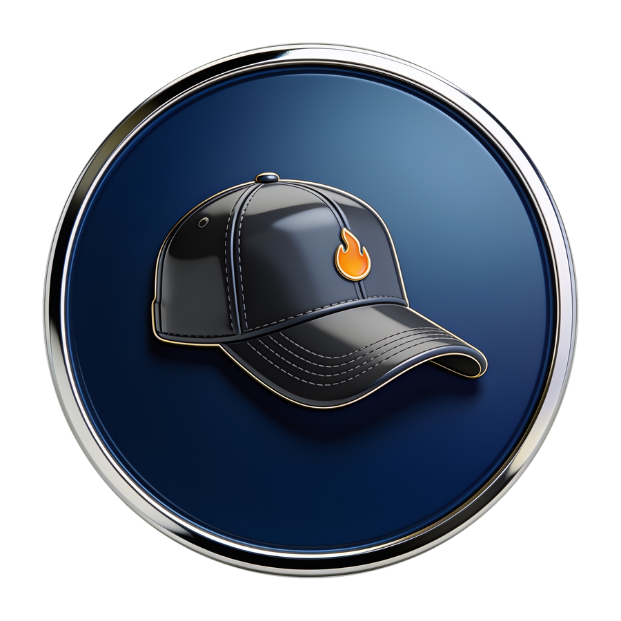 RubHub Merchandise category medallion — navy and chrome enamel badge with a black cap and orange flame patch icon