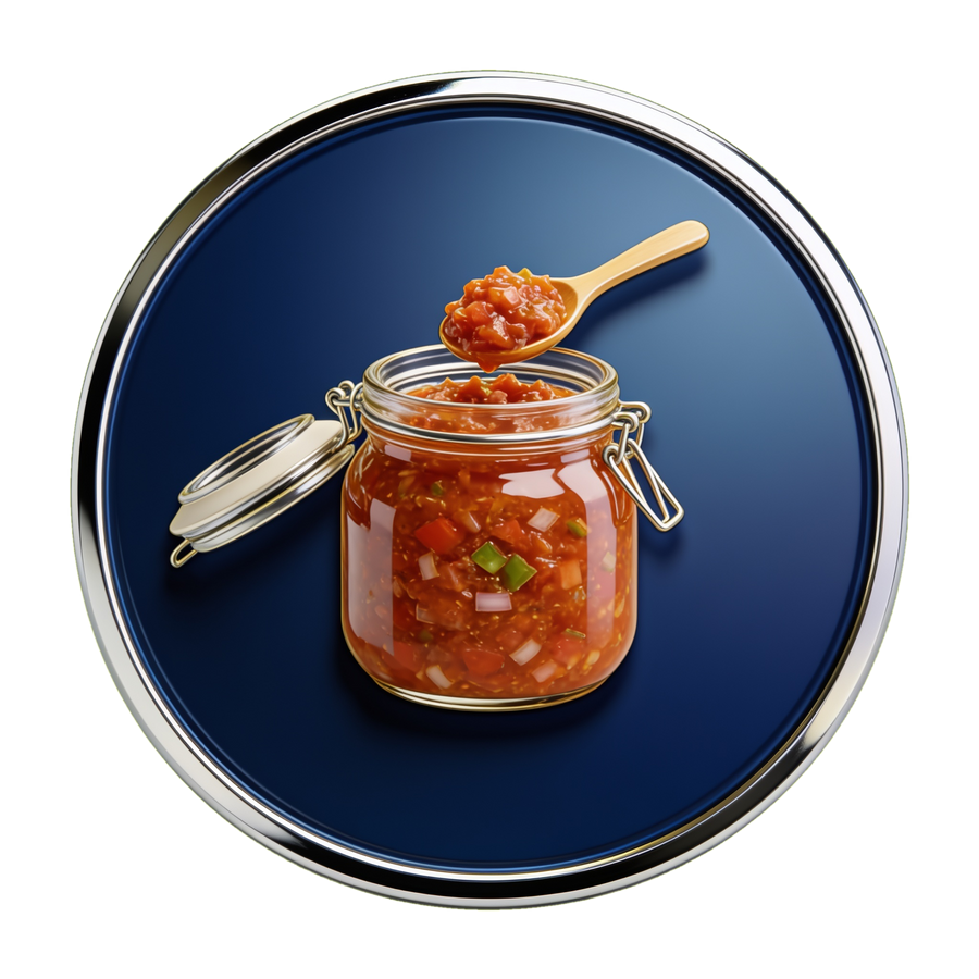 Relish attribute medallion — chrome and navy badge with a chunky relish jar icon