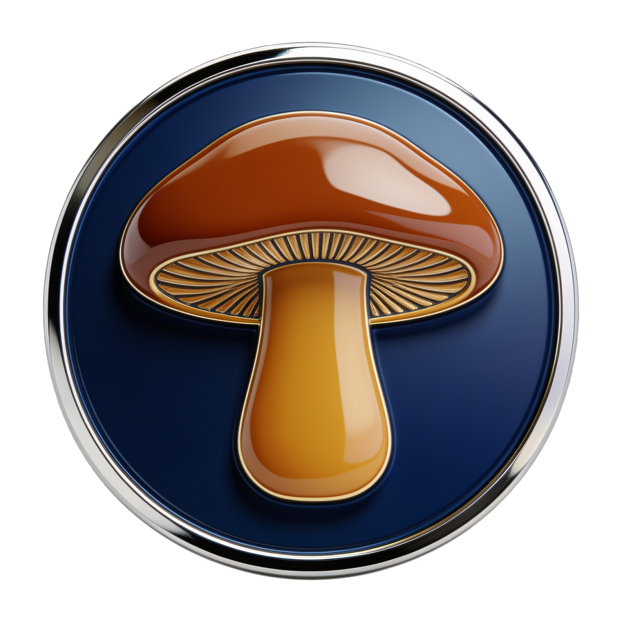 Mushroom category medallion — glossy brown mushroom cap with visible gills on navy chrome-rimmed disc