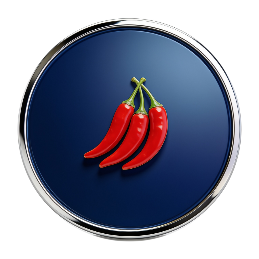 Chilli category medallion — glossy red chilli cluster icon on navy chrome-rimmed disc