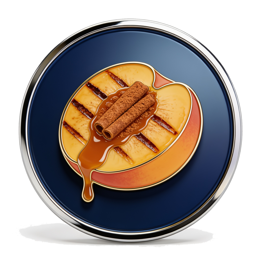 Rub Hub Dessert category medallion — grilled peach half with cinnamon-caramel drizzle enamel pin icon