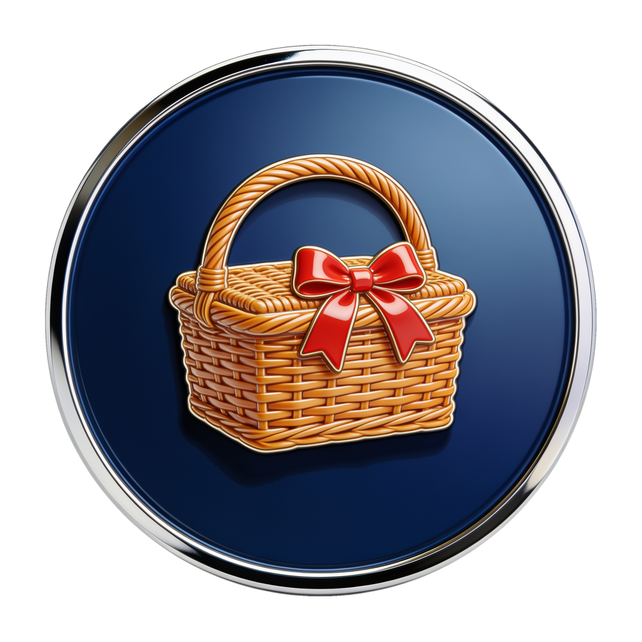 Barbecue Hampers category medallion — glossy 3D woven wicker gift hamper basket with red ribbon bow