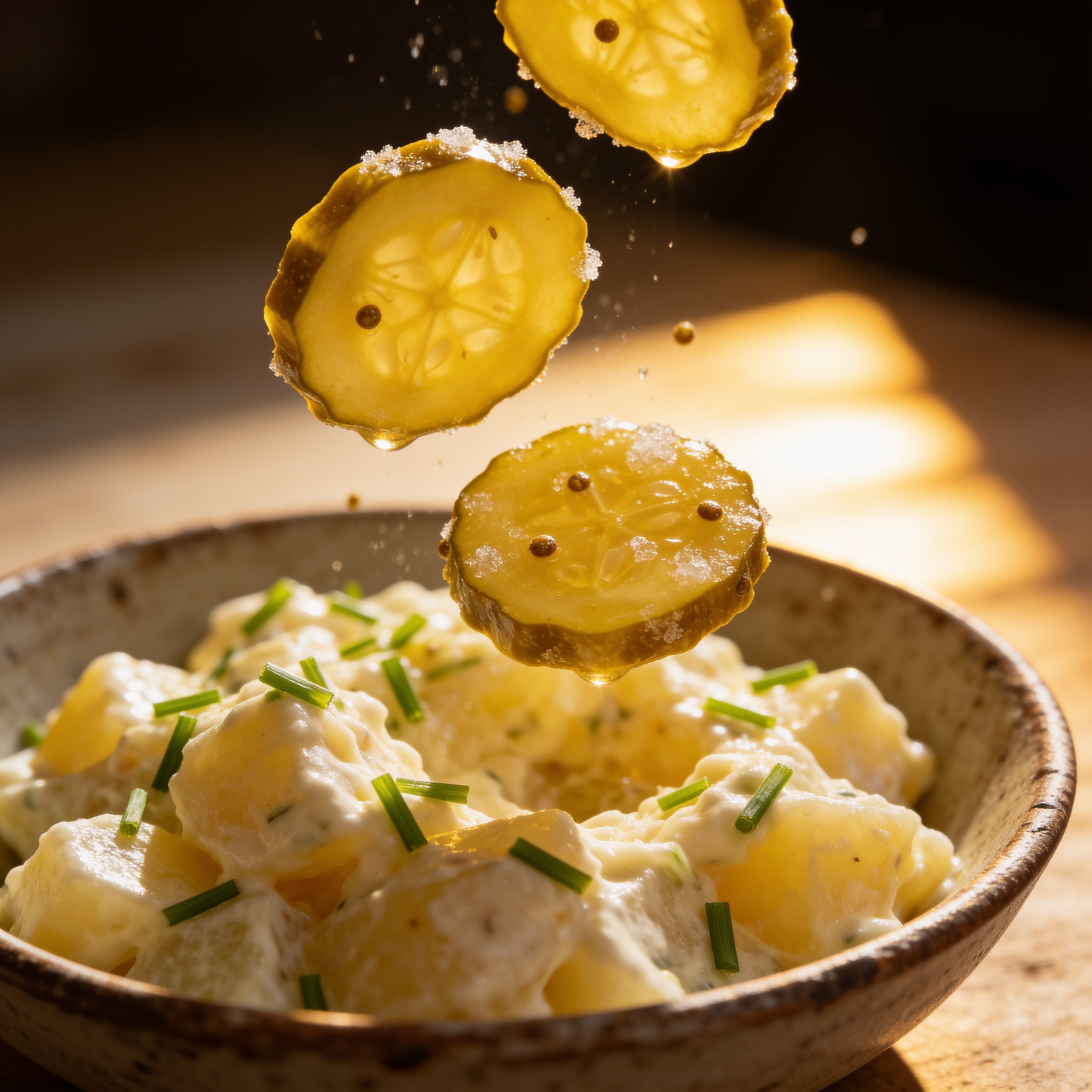 ACIDE Bread & Butter Zucchini Pickles coins mid-fall into a bowl of fresh potato salad