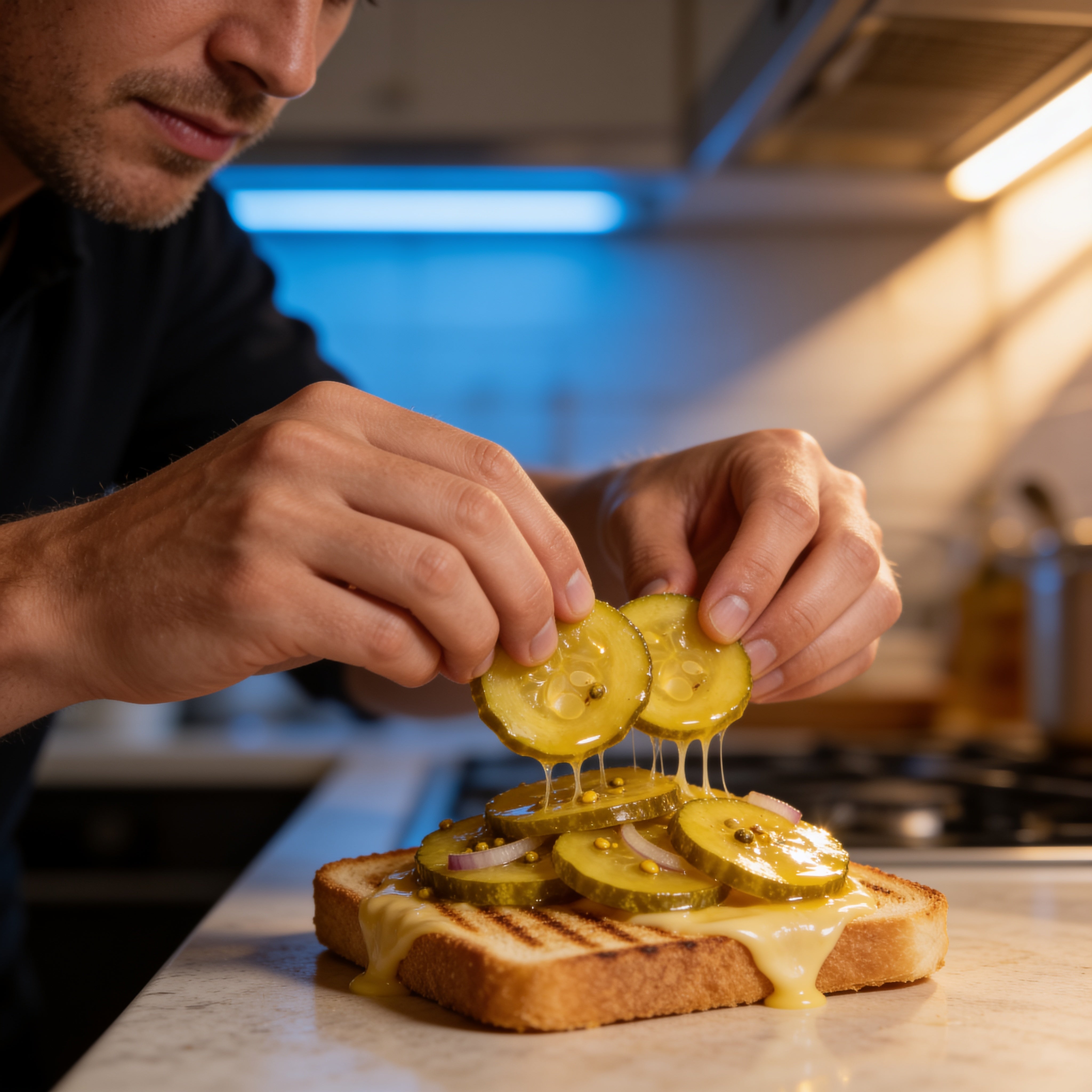ACIDE Bread & Butter Zucchini Pickles being layered onto a grilled cheese toastie in the kitchen