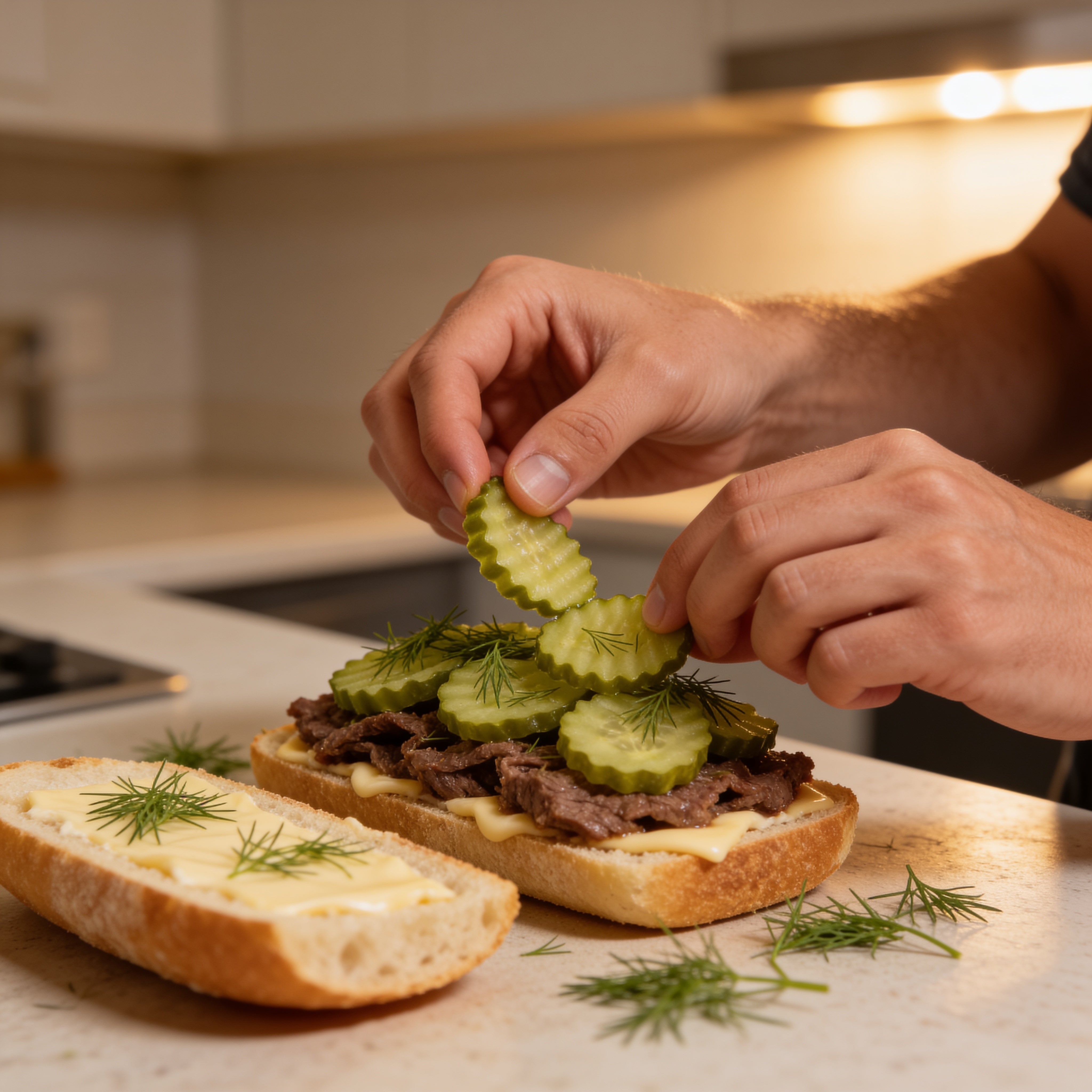 Hands layering ACIDE Dill Cucumber Chips onto a steak sandwich