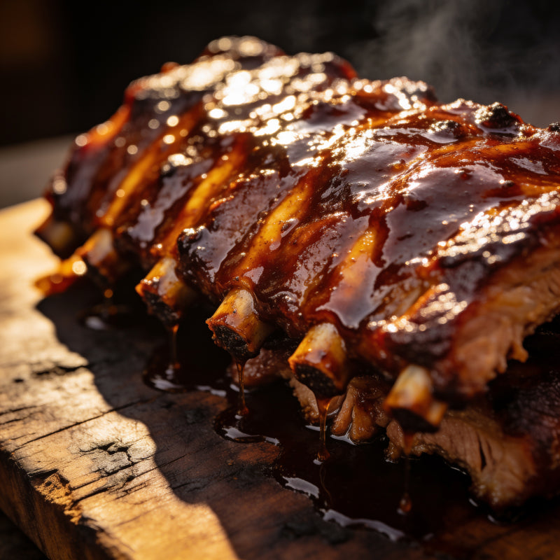 Glazed BBQ ribs with glossy sticky sauce dripping lifestyle photo