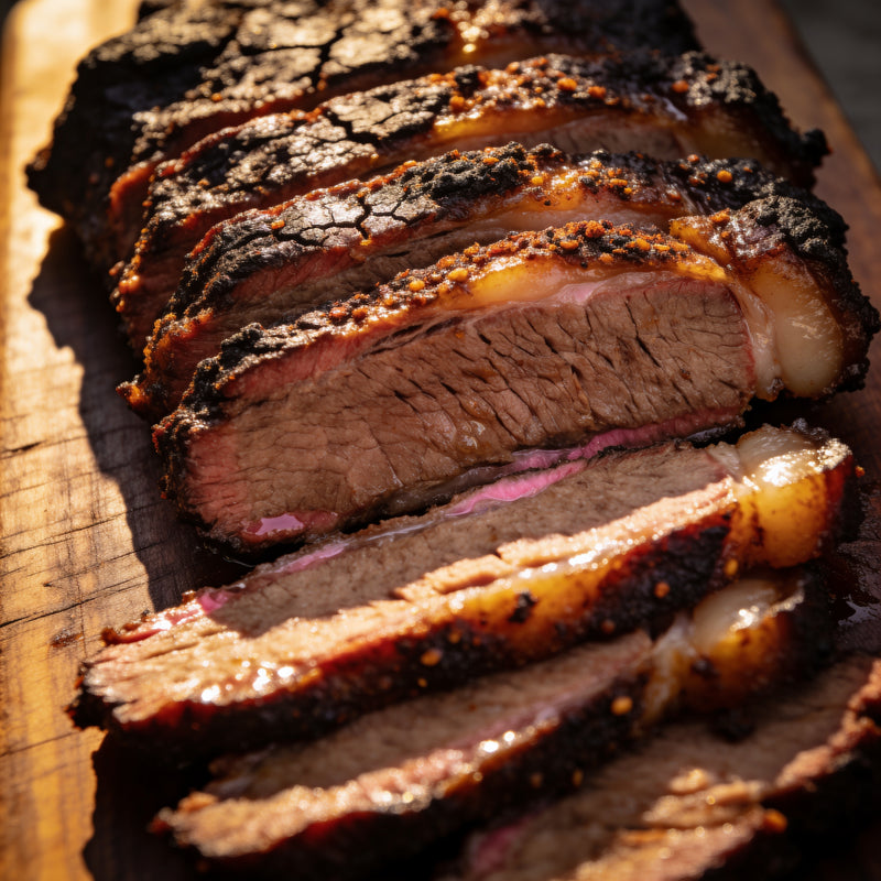 Craggy dry-rub bark on smoked beef brisket, sliced to show the smoke ring lifestyle photo