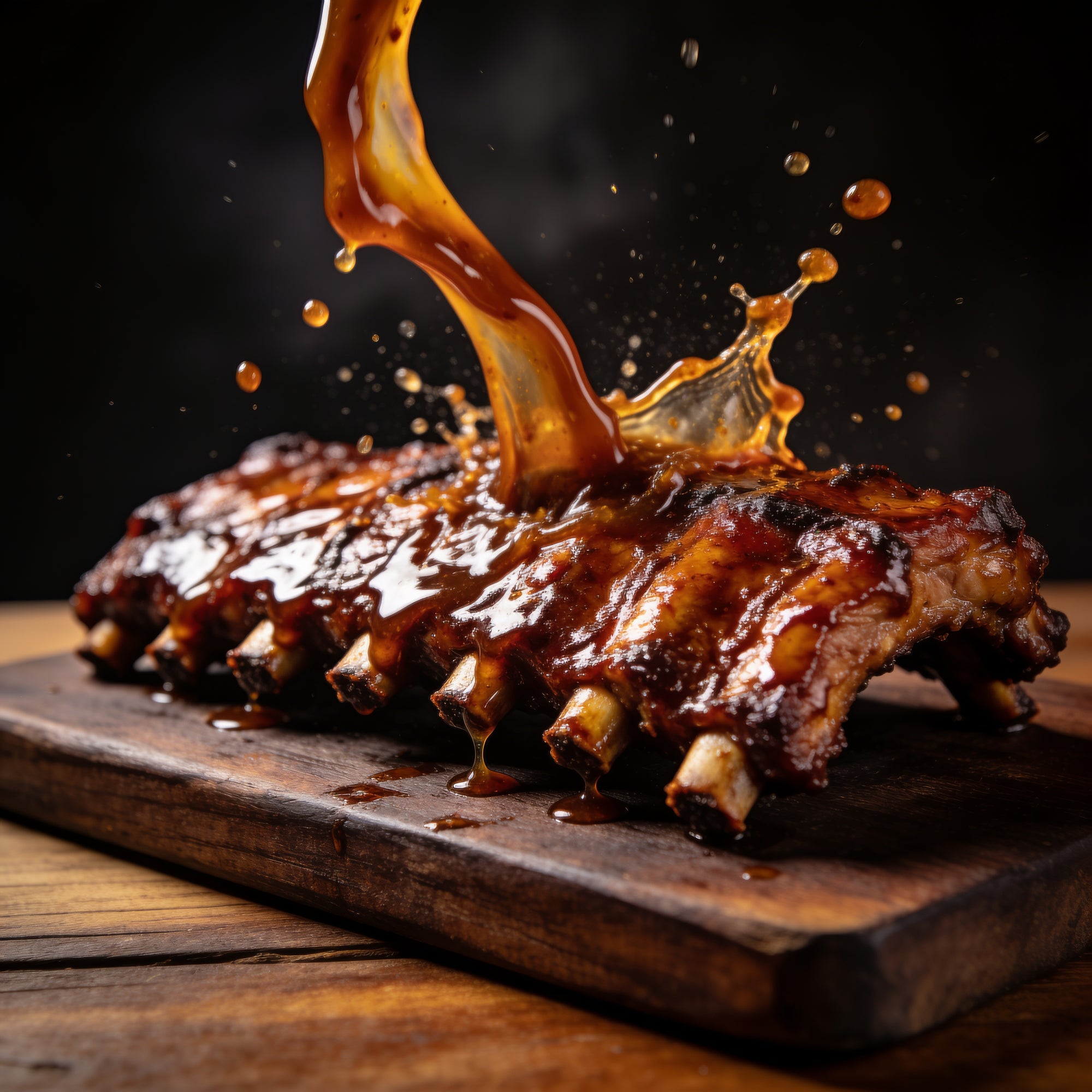 BBQ ribs with dark sauce splash, BBQ Lab Black Gold