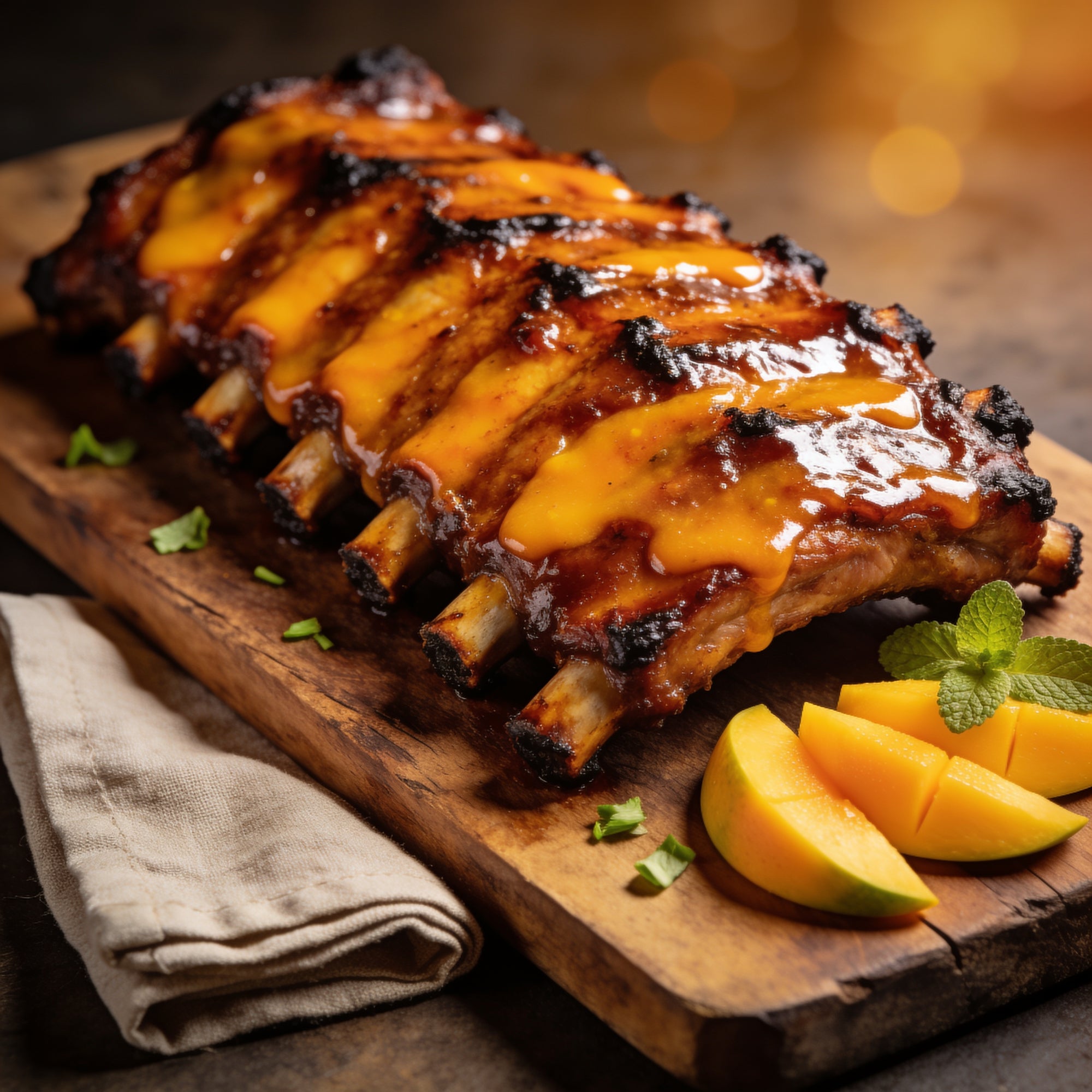 Glazed mango ribs plated with linen napkin