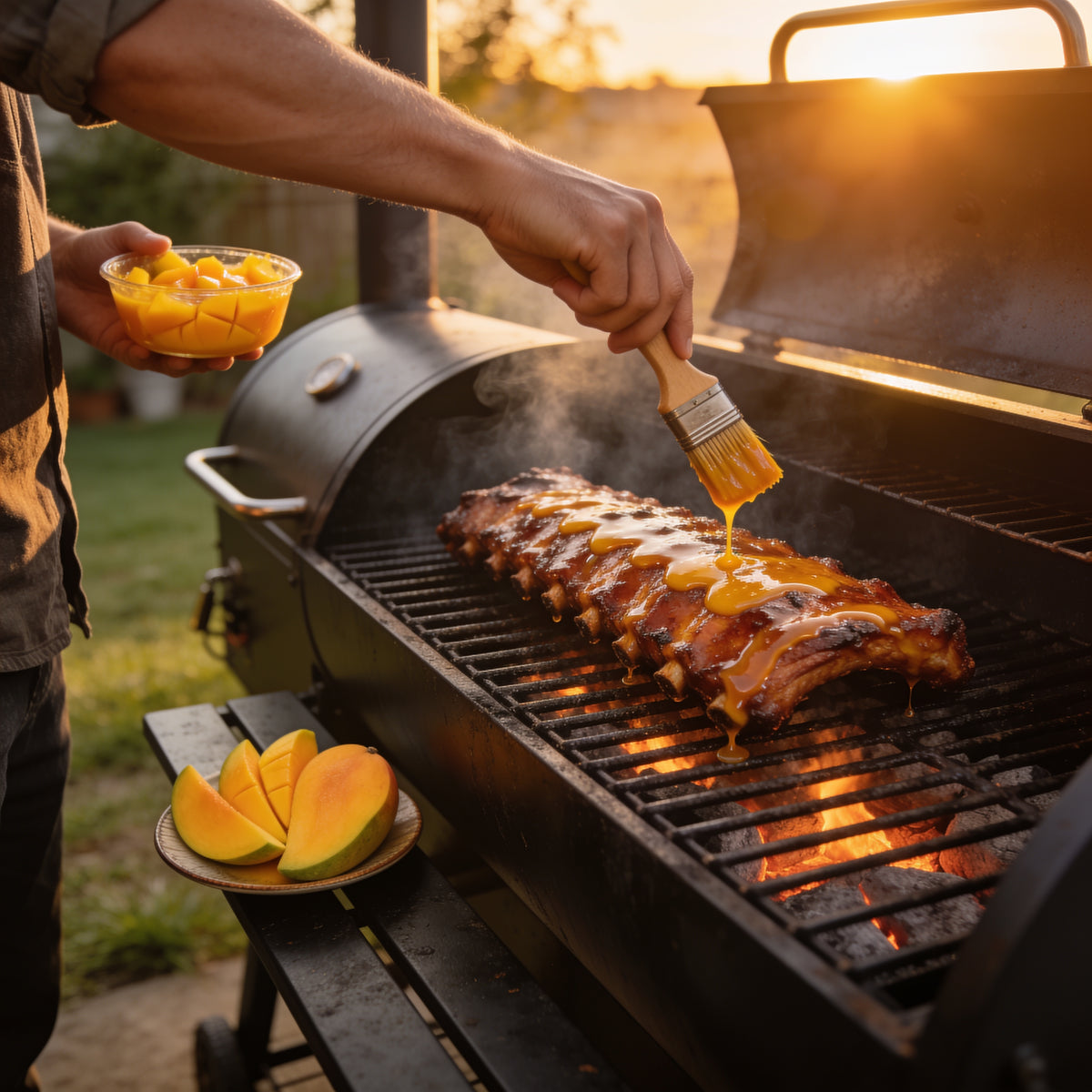 Hand basting ribs at backyard sunset with mango bowl