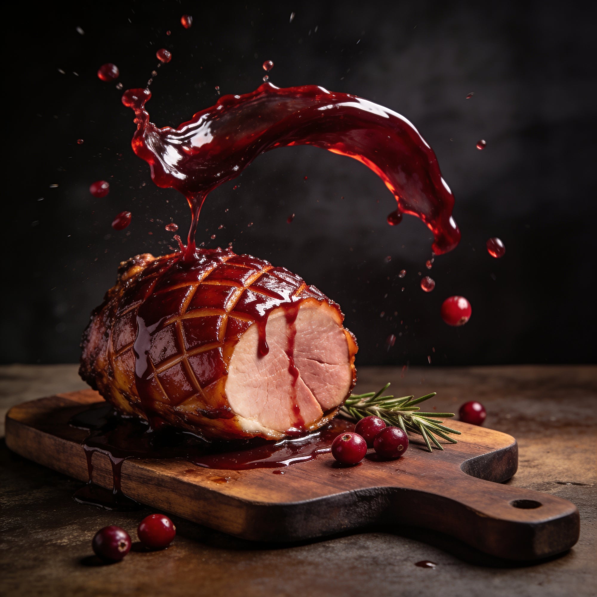 Glazed ham with dark cranberry sauce splash
