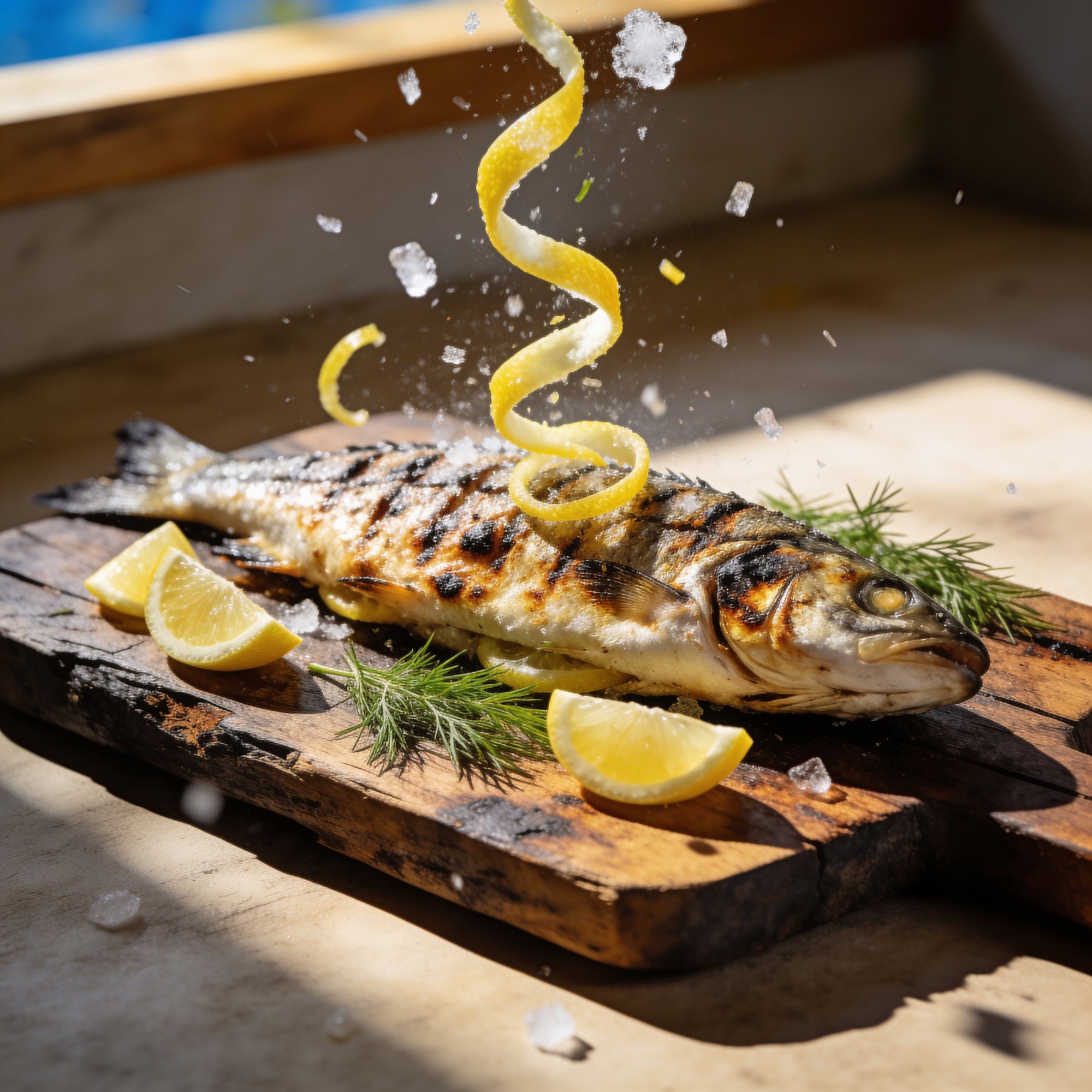 Whole grilled fish in bright daylight