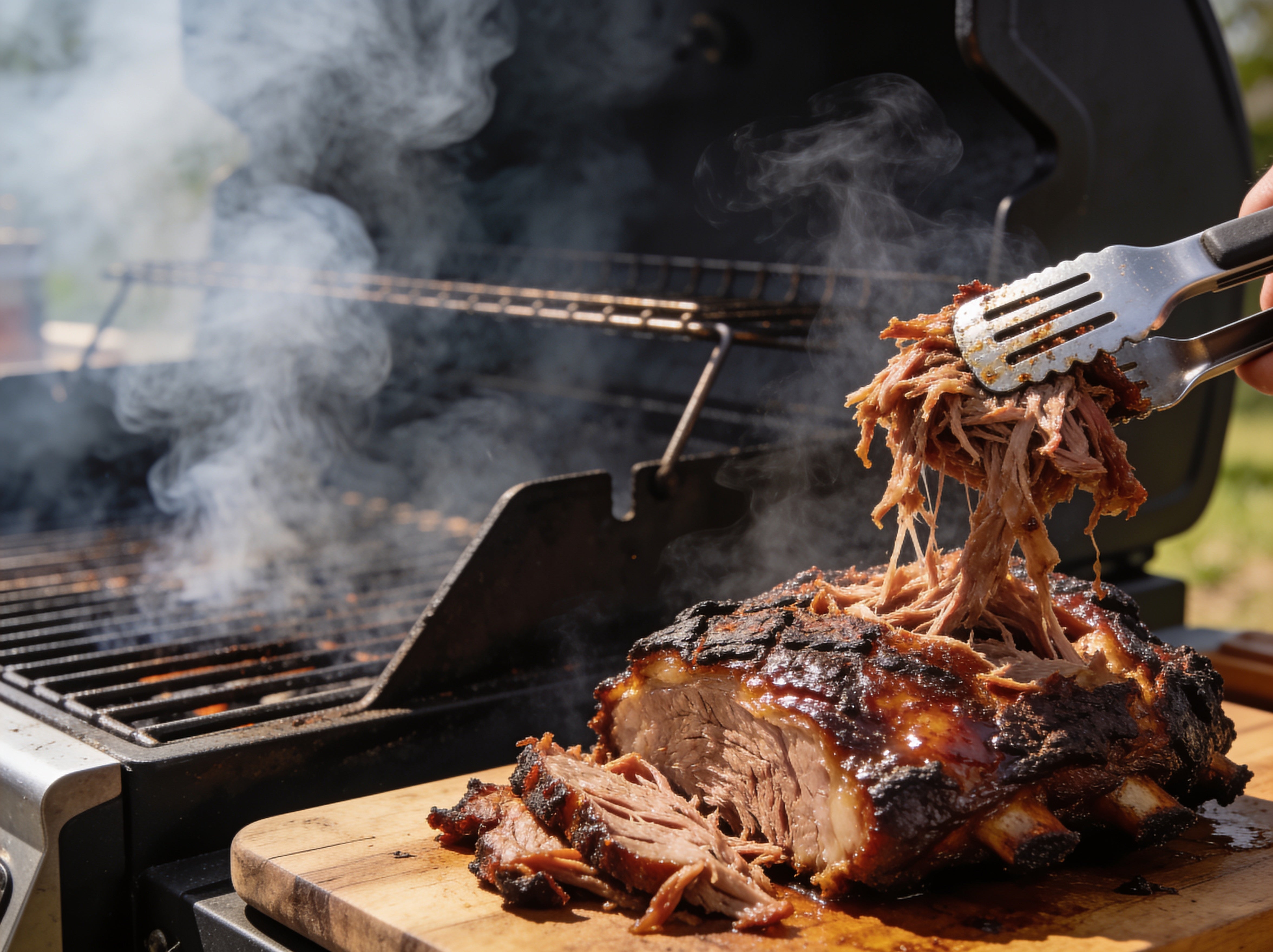 Western BBQ Products Hickory Smoking Wood Chips lifestyle photo — pulled pork shoulder smoked over hickory wood