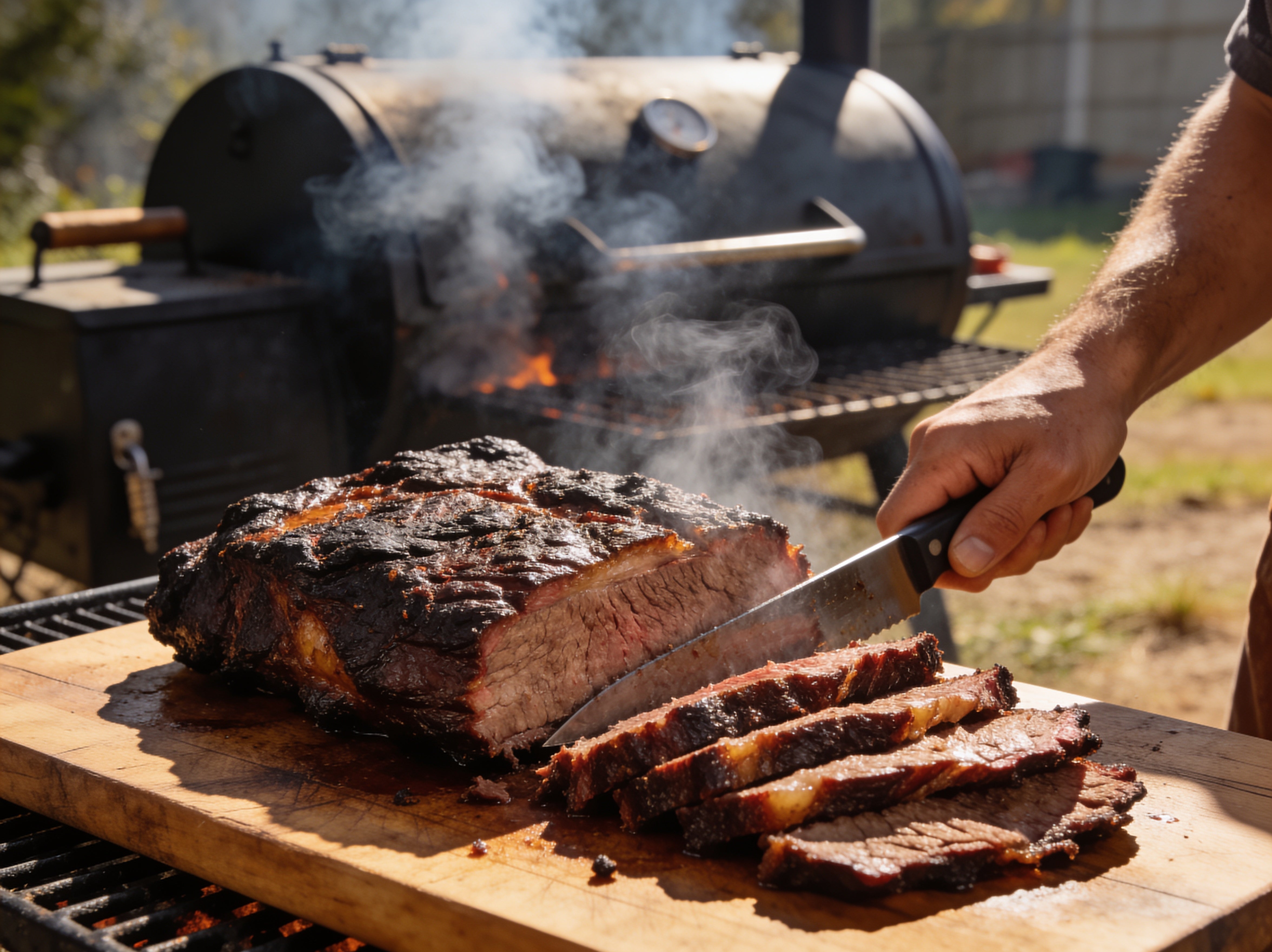 Western BBQ Products Mesquite Smoking Wood Chips lifestyle photo — beef brisket sliced beside the smoker with mesquite smoke rising