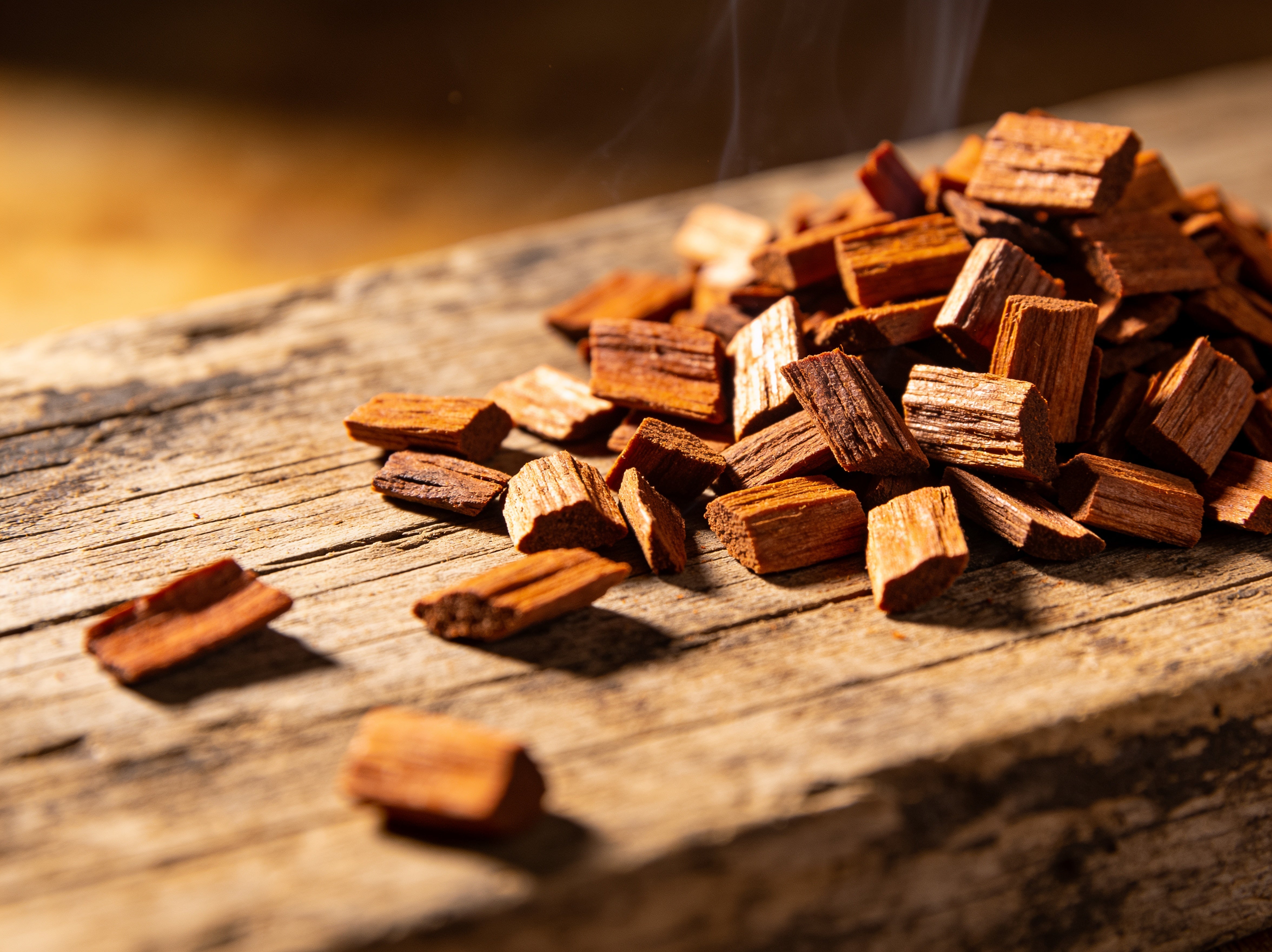 Western BBQ Products Pecan Smoking Wood Chips lifestyle photo — close-up beauty shot of raw pecan wood chips