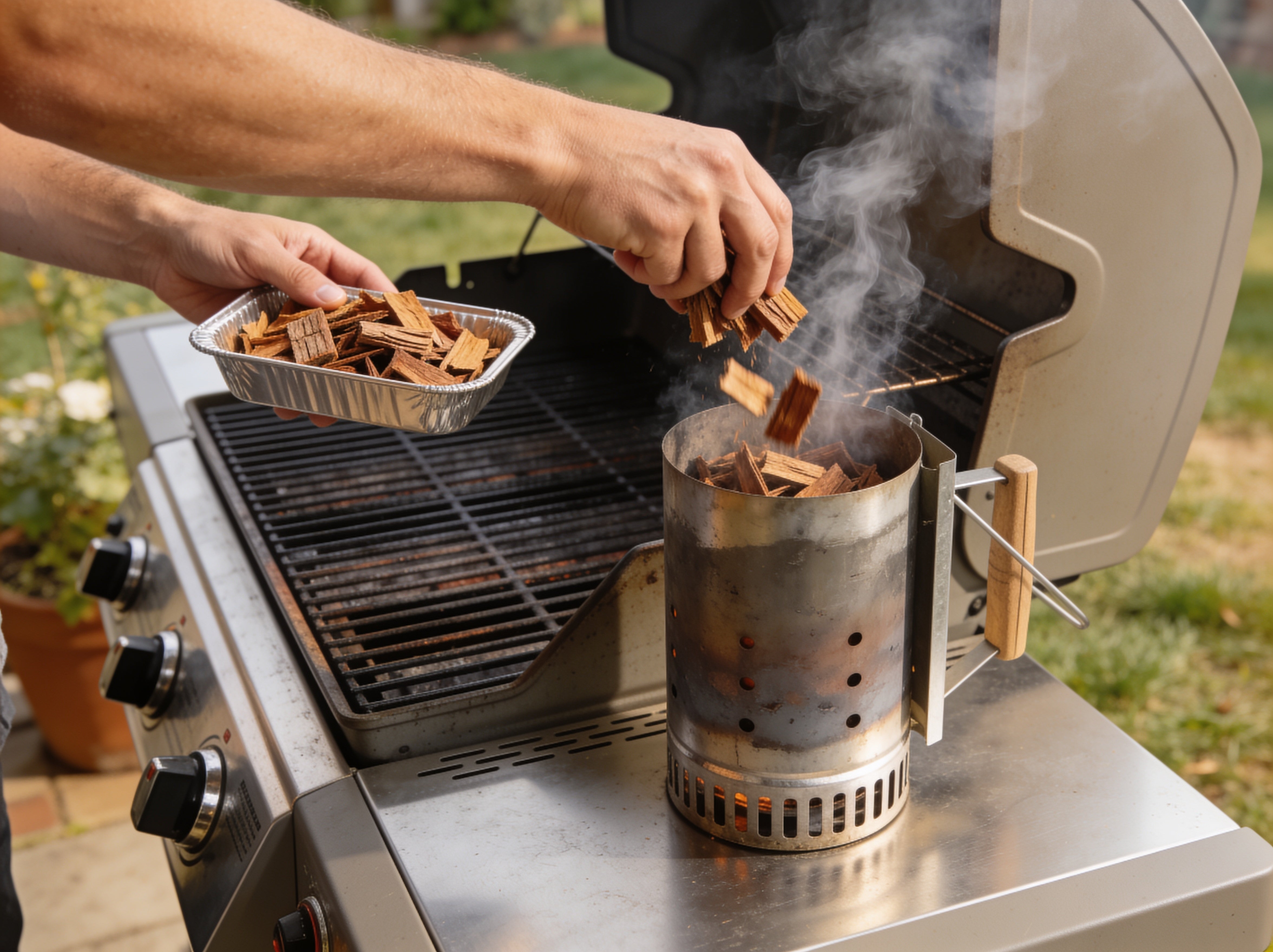 Western BBQ Products Pecan Smoking Wood Chips lifestyle photo — loading pecan wood chips into a smoker chimney on the grill