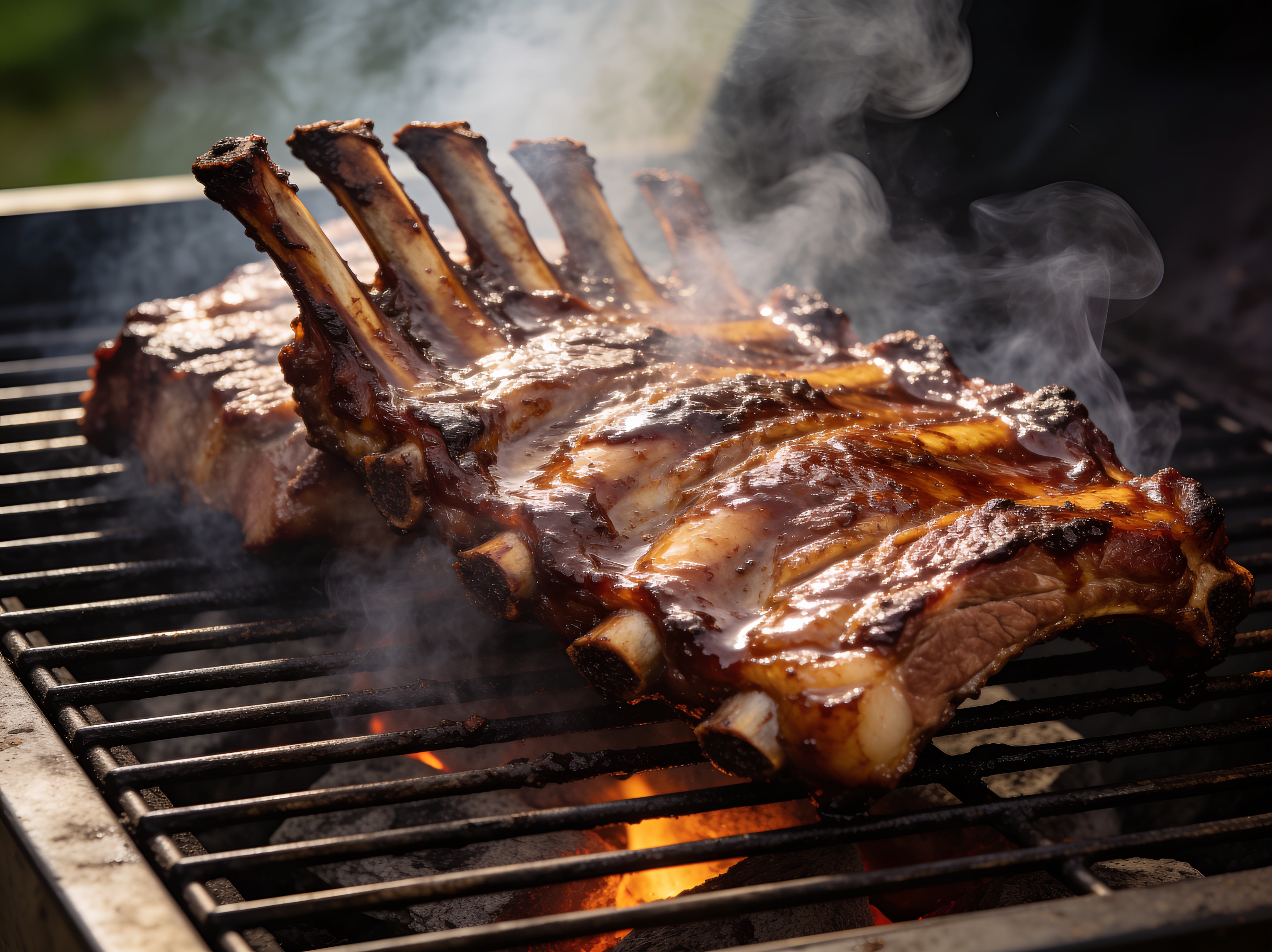Western BBQ Products Pecan Smoking Wood Chips lifestyle photo — rack of lamb and pork ribs smoking over pecan wood