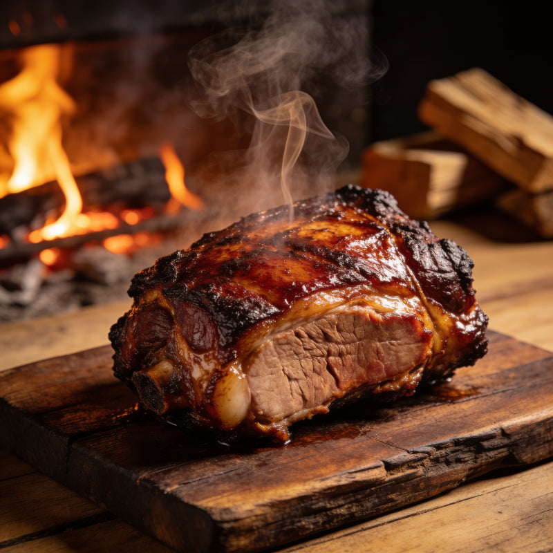 BBQ Woods category lifestyle photo - a smoked pork shoulder resting by an open wood fire lifestyle photo
