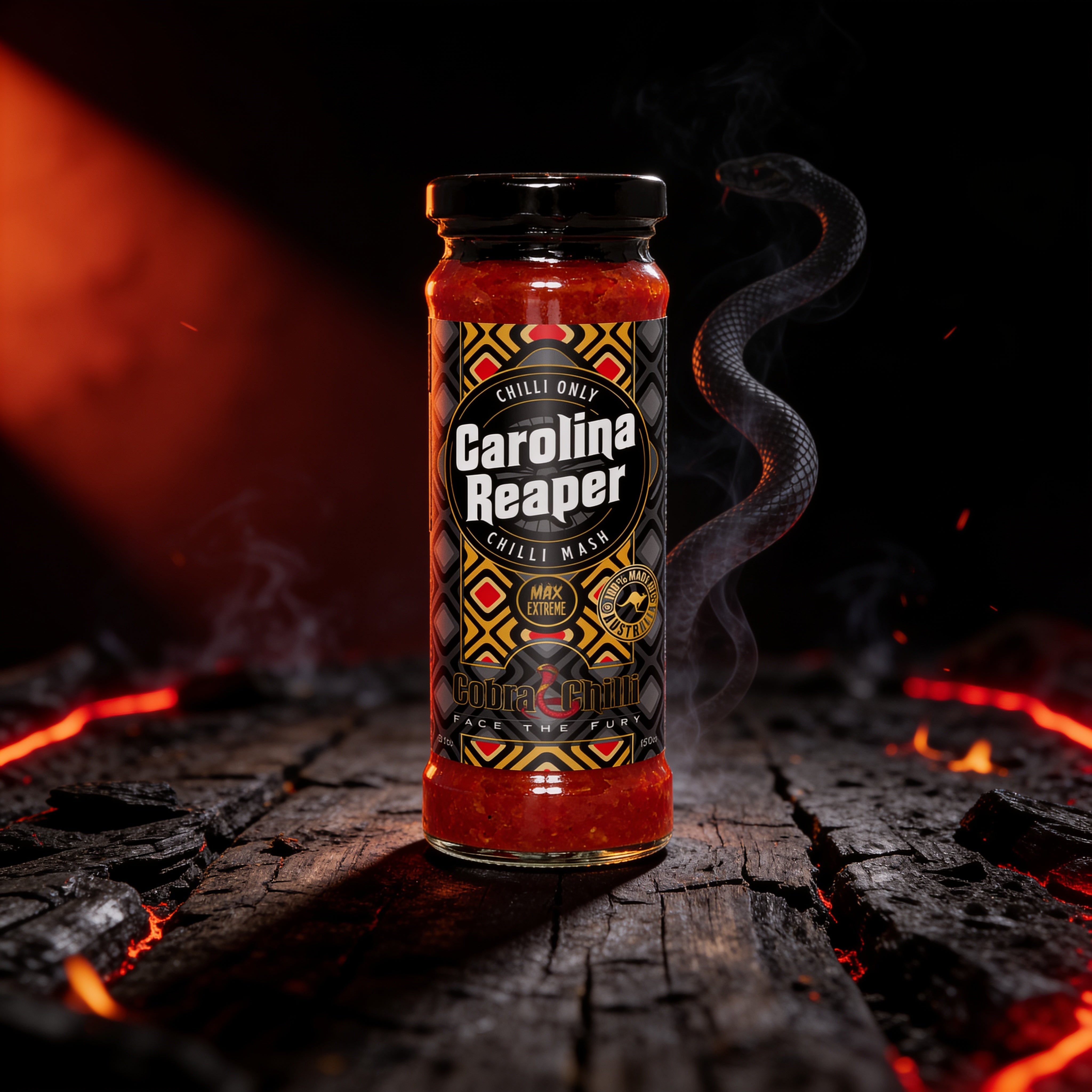 Cobra Chilli Carolina Reaper Chilli Mash Extreme 150ml Chilli Mash — styled hero shot with dark gothic snake-and-fire brand styling