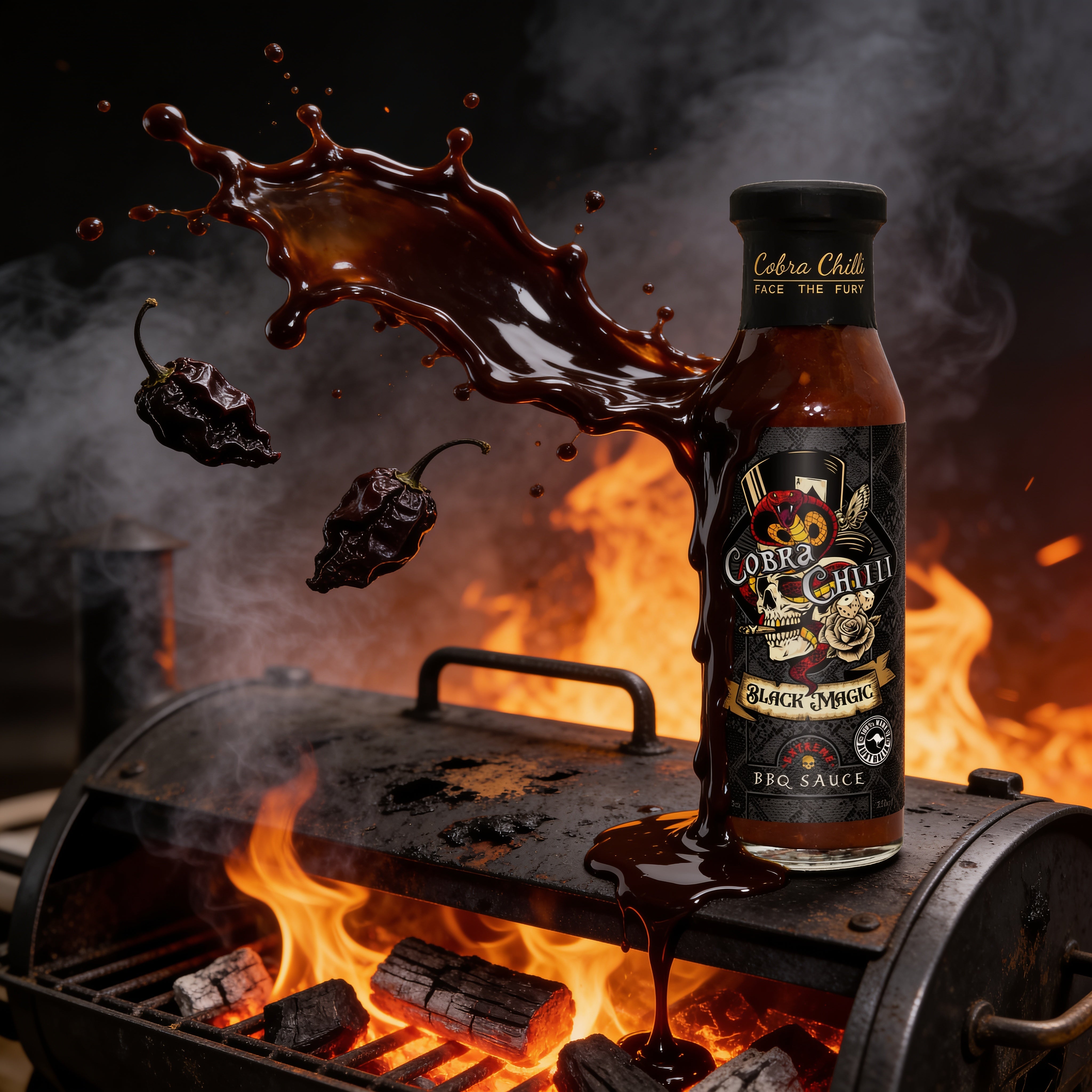 Cobra Chilli Black Magic BBQ Sauce 250ml BBQ Sauce — extreme heat action shot with fire and pouring sauce