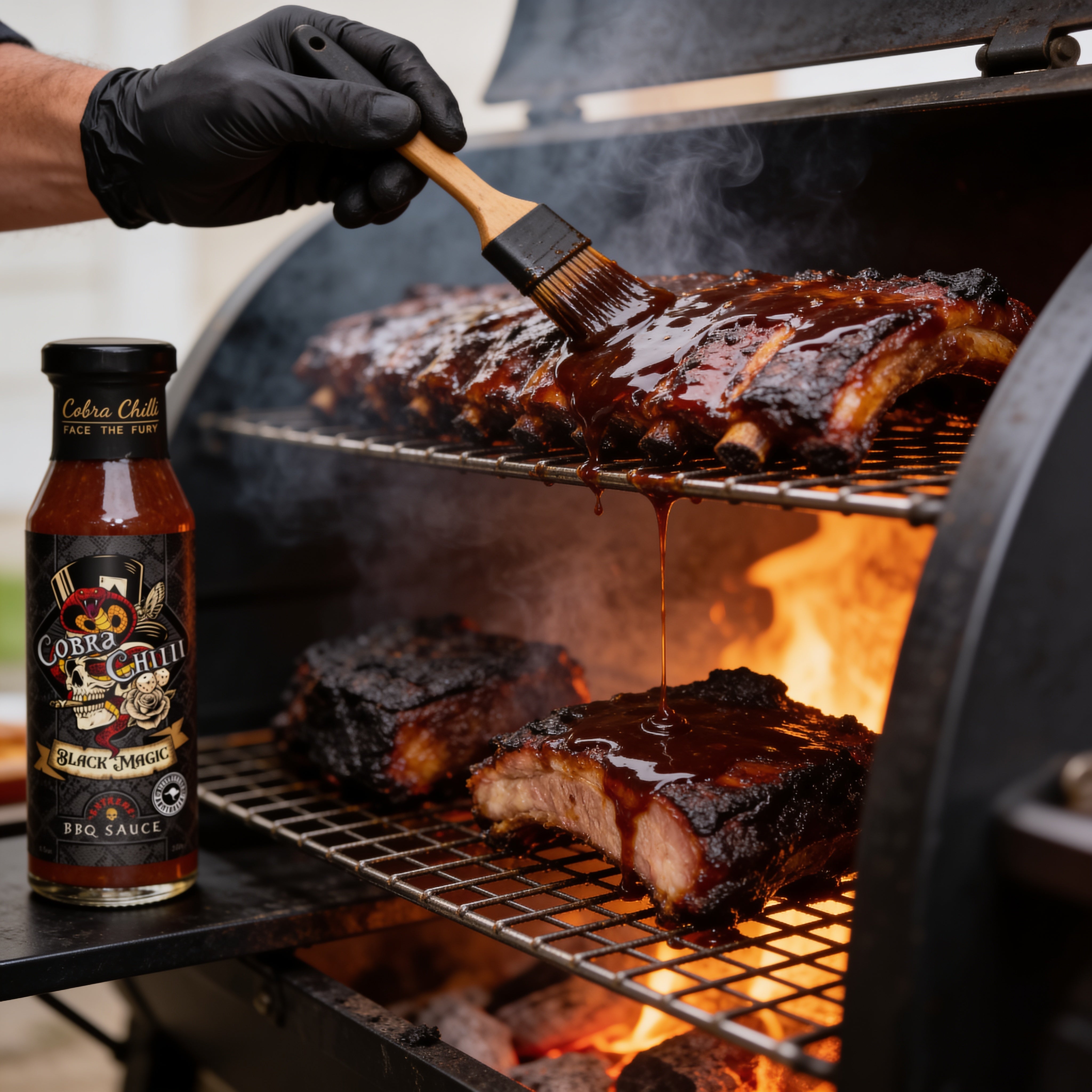 Cobra Chilli Black Magic BBQ Sauce 250ml BBQ Sauce — BBQ sauce glazed onto smoked ribs and burnt ends